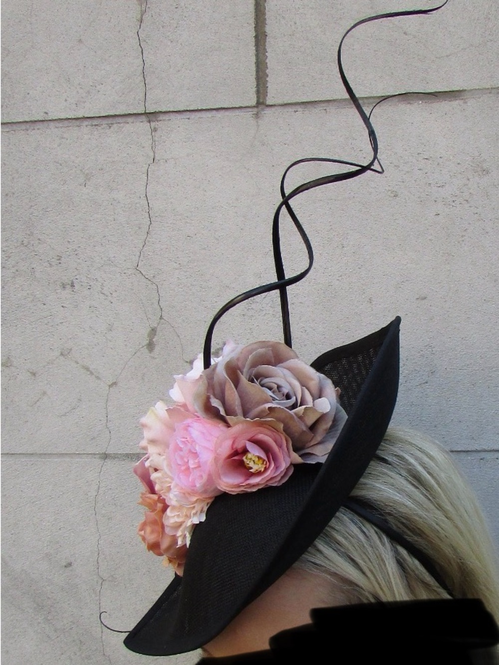 Black Fascinator Headband with Blush and Beige Floral Accents